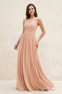 One - Shoulder Pleated A - Line Chiffon Bridesmaid Dress in English Rose - SHE IS ME Bridesmaid Dresses