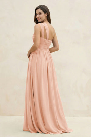 One - Shoulder Pleated A - Line Chiffon Bridesmaid Dress in English Rose - SHE IS ME Bridesmaid Dresses