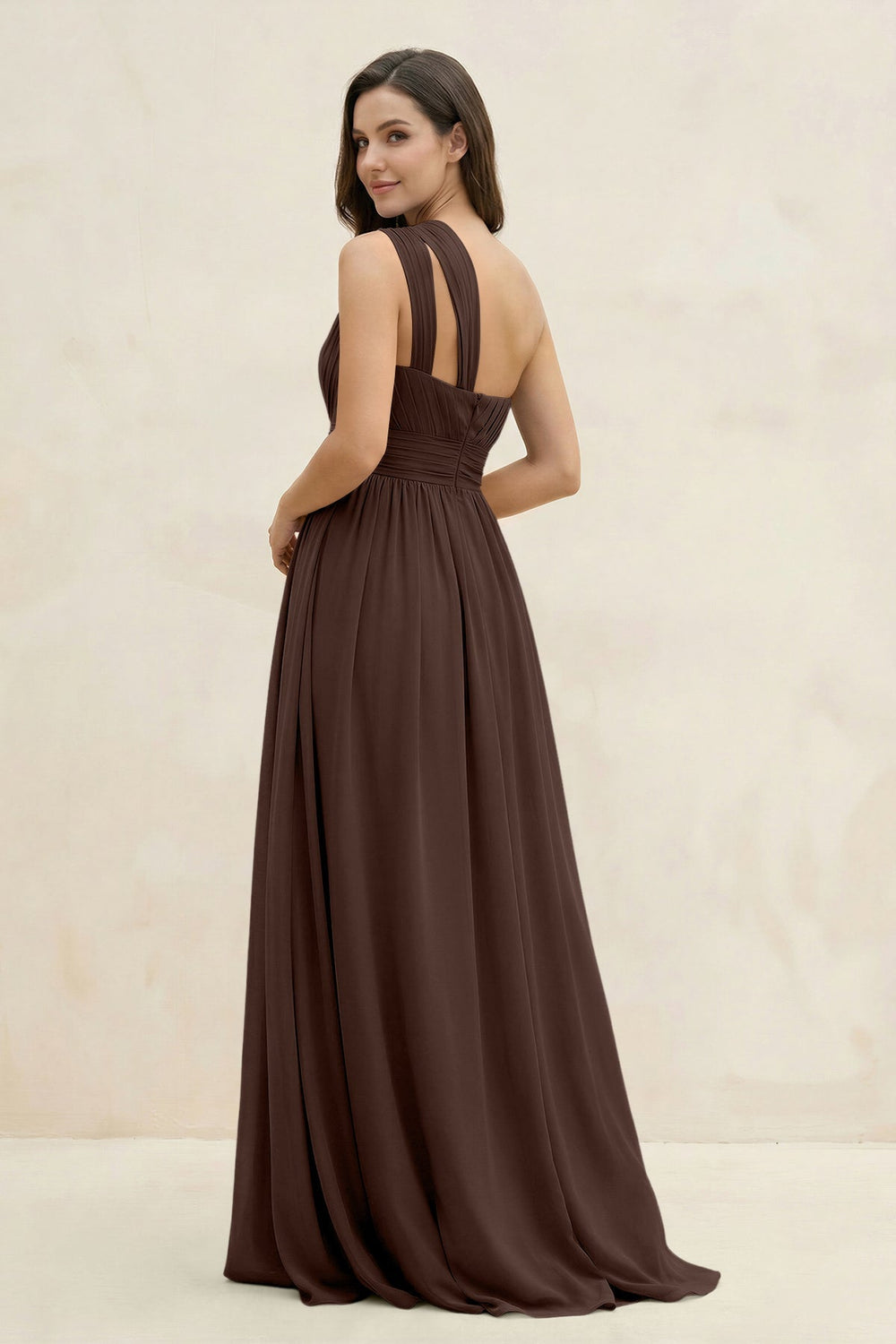 One - Shoulder Pleated A - Line Chiffon Bridesmaid Dress in Espresso - KISS BRIDAL Bridesmaid Dresses
