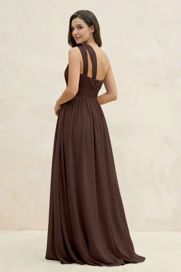 One - Shoulder Pleated A - Line Chiffon Bridesmaid Dress in Espresso - SHE IS ME Bridesmaid Dresses