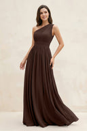 One - Shoulder Pleated A - Line Chiffon Bridesmaid Dress in Espresso - SHE IS ME Bridesmaid Dresses
