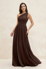 One - Shoulder Pleated A - Line Chiffon Bridesmaid Dress in Espresso - KISS BRIDAL Bridesmaid Dresses