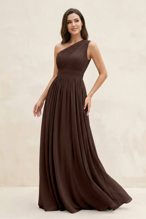 One - Shoulder Pleated A - Line Chiffon Bridesmaid Dress in Espresso - SHE IS ME Bridesmaid Dresses