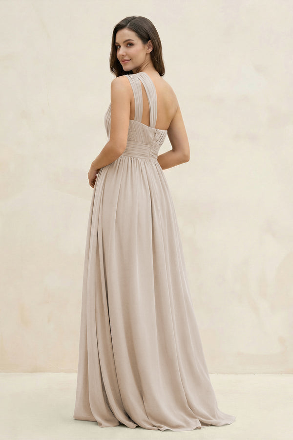 One - Shoulder Pleated A - Line Chiffon Bridesmaid Dress in Frost - SHE IS ME Bridesmaid Dresses