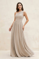One - Shoulder Pleated A - Line Chiffon Bridesmaid Dress in Frost - SHE IS ME Bridesmaid Dresses