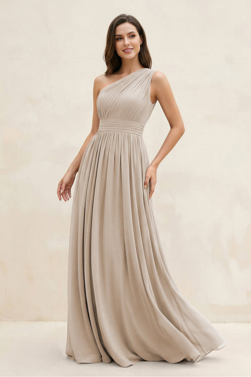 One - Shoulder Pleated A - Line Chiffon Bridesmaid Dress in Frost - SHE IS ME Bridesmaid Dresses