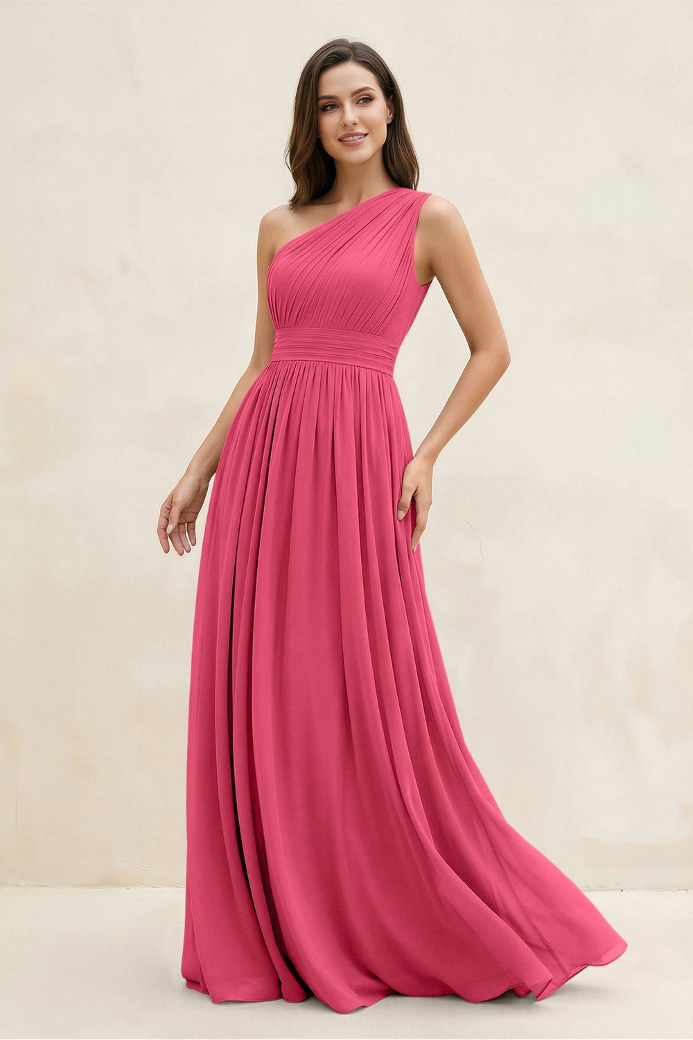 One - Shoulder Pleated A - Line Chiffon Bridesmaid Dress in Fuchsia - KISS BRIDAL Bridesmaid Dresses