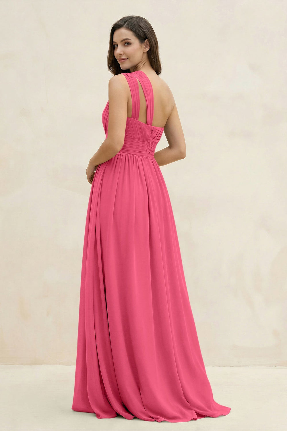 One - Shoulder Pleated A - Line Chiffon Bridesmaid Dress in Fuchsia - KISS BRIDAL Bridesmaid Dresses