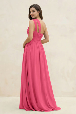 One - Shoulder Pleated A - Line Chiffon Bridesmaid Dress in Fuchsia - SHE IS ME Bridesmaid Dresses