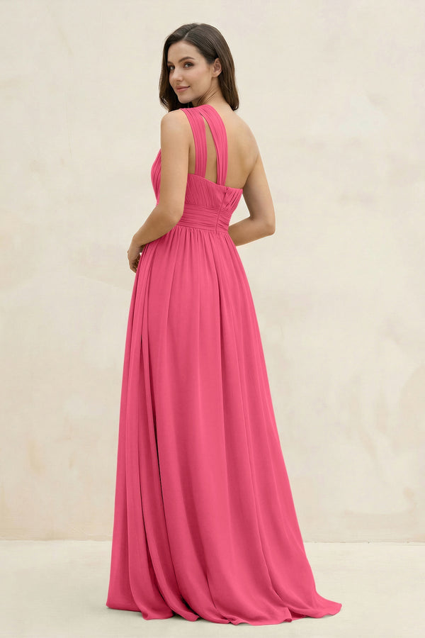 One - Shoulder Pleated A - Line Chiffon Bridesmaid Dress in Fuchsia - SHE IS ME Bridesmaid Dresses