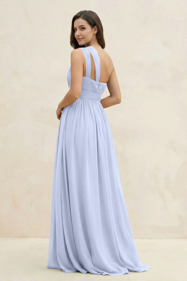 One - Shoulder Pleated A - Line Chiffon Bridesmaid Dress in Ice - SHE IS ME Bridesmaid Dresses