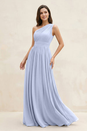 One - Shoulder Pleated A - Line Chiffon Bridesmaid Dress in Ice - SHE IS ME Bridesmaid Dresses