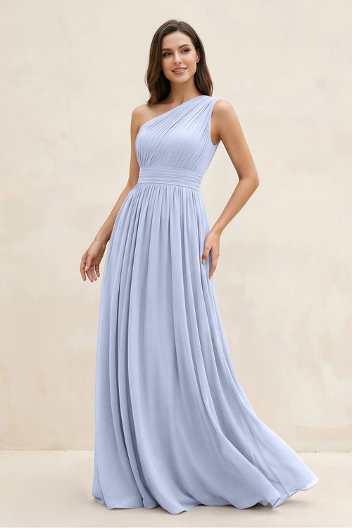 One - Shoulder Pleated A - Line Chiffon Bridesmaid Dress in Ice - SHE IS ME Bridesmaid Dresses