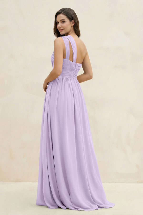 One - Shoulder Pleated A - Line Chiffon Bridesmaid Dress in Lavender - SHE IS ME Bridesmaid Dresses