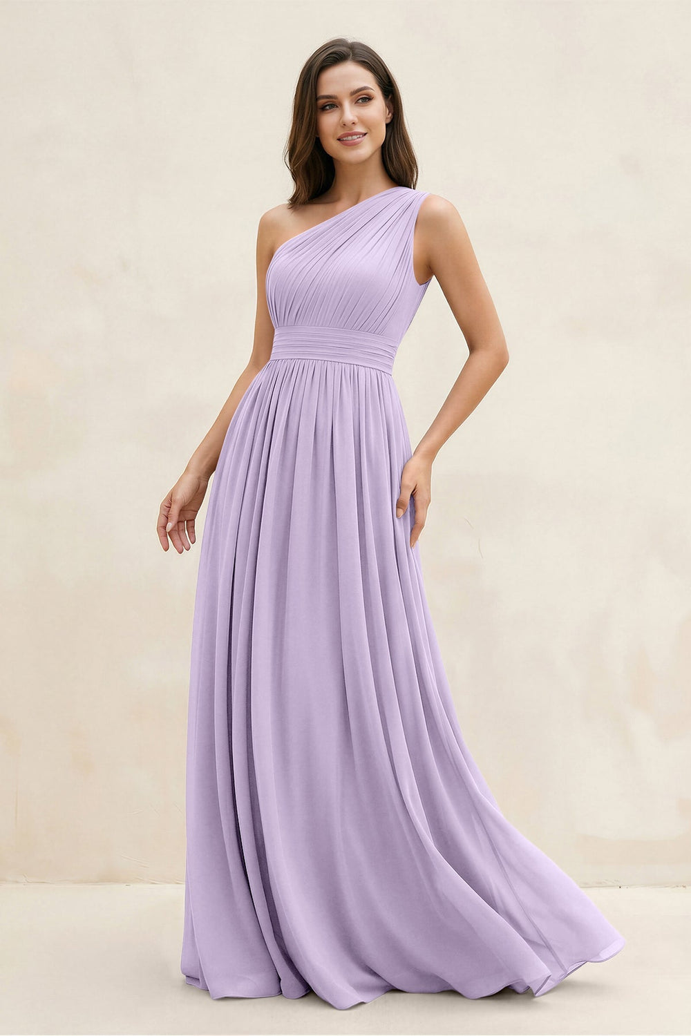 One - Shoulder Pleated A - Line Chiffon Bridesmaid Dress in Lavender - KISS BRIDAL Bridesmaid Dresses