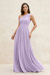 One - Shoulder Pleated A - Line Chiffon Bridesmaid Dress in Lavender - KISS BRIDAL Bridesmaid Dresses