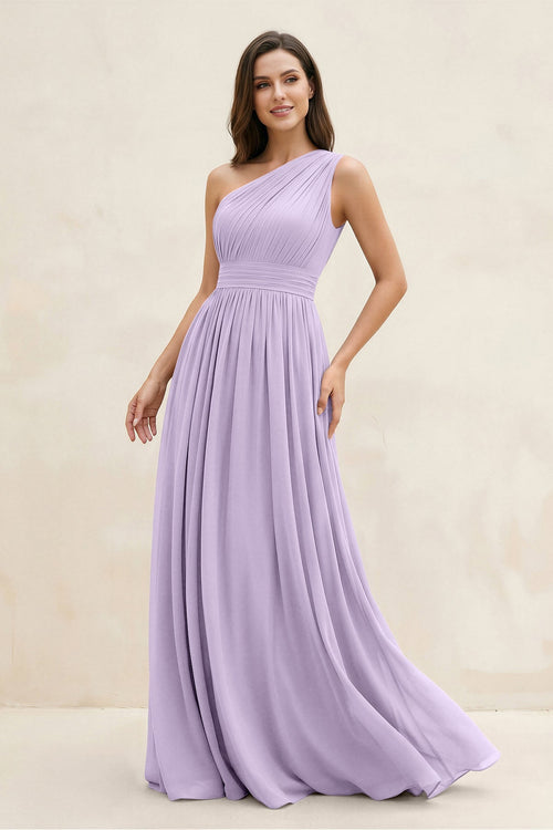 One - Shoulder Pleated A - Line Chiffon Bridesmaid Dress in Lavender - SHE IS ME Bridesmaid Dresses
