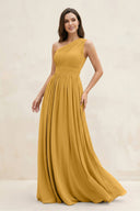One - Shoulder Pleated A - Line Chiffon Bridesmaid Dress in Marigold - SHE IS ME Bridesmaid Dresses