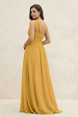 One - Shoulder Pleated A - Line Chiffon Bridesmaid Dress in Marigold - SHE IS ME Bridesmaid Dresses