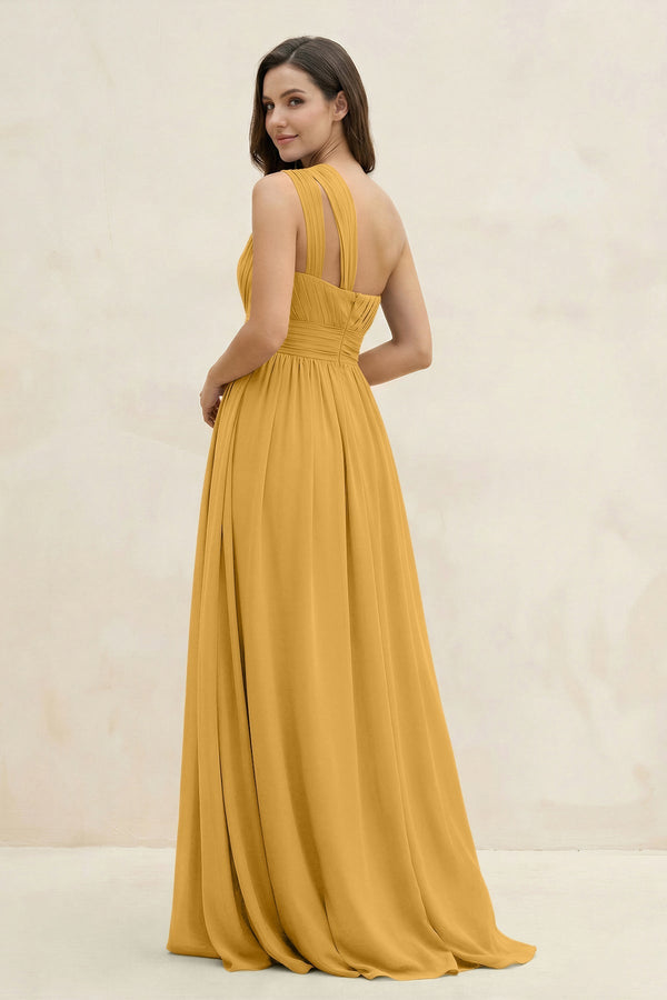 One - Shoulder Pleated A - Line Chiffon Bridesmaid Dress in Marigold - SHE IS ME Bridesmaid Dresses