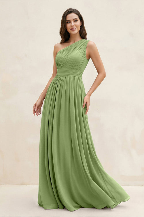 One - Shoulder Pleated A - Line Chiffon Bridesmaid Dress in Matcha - SHE IS ME Bridesmaid Dresses