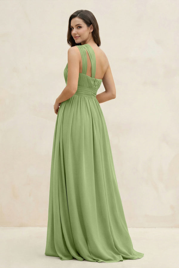 One - Shoulder Pleated A - Line Chiffon Bridesmaid Dress in Matcha - SHE IS ME Bridesmaid Dresses