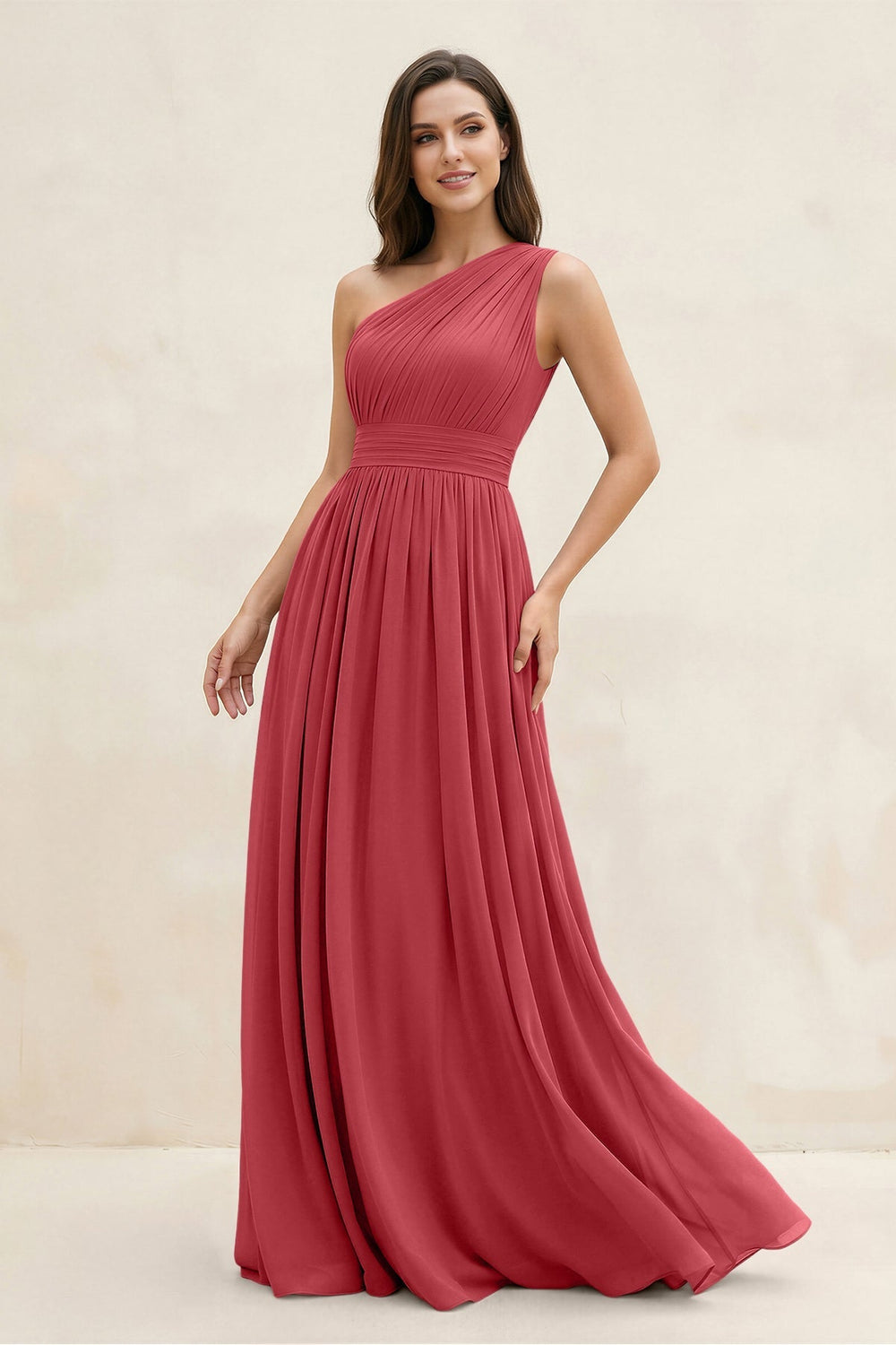 One - Shoulder Pleated A - Line Chiffon Bridesmaid Dress in Merlot - KISS BRIDAL Bridesmaid Dresses