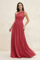 One - Shoulder Pleated A - Line Chiffon Bridesmaid Dress in Merlot - SHE IS ME Bridesmaid Dresses