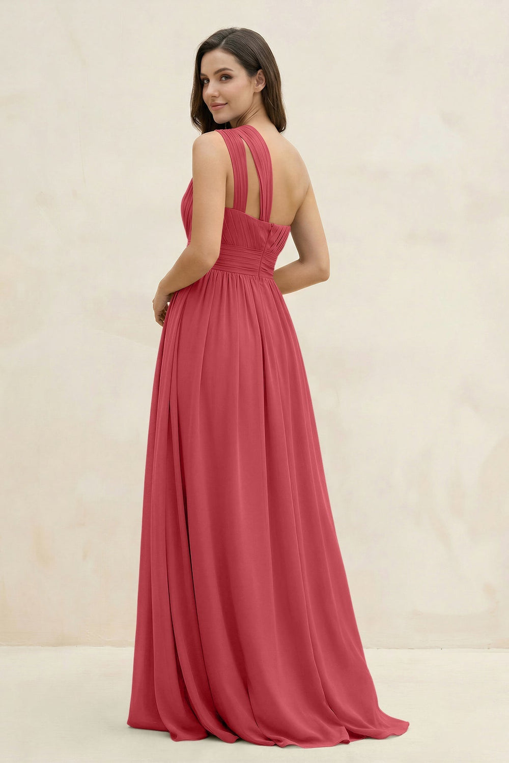 One - Shoulder Pleated A - Line Chiffon Bridesmaid Dress in Merlot - KISS BRIDAL Bridesmaid Dresses