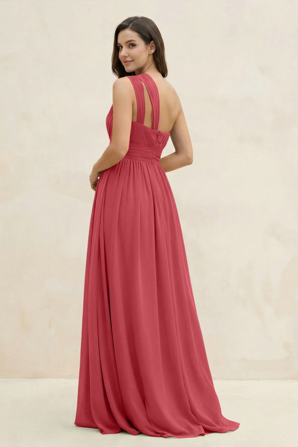One - Shoulder Pleated A - Line Chiffon Bridesmaid Dress in Merlot - SHE IS ME Bridesmaid Dresses
