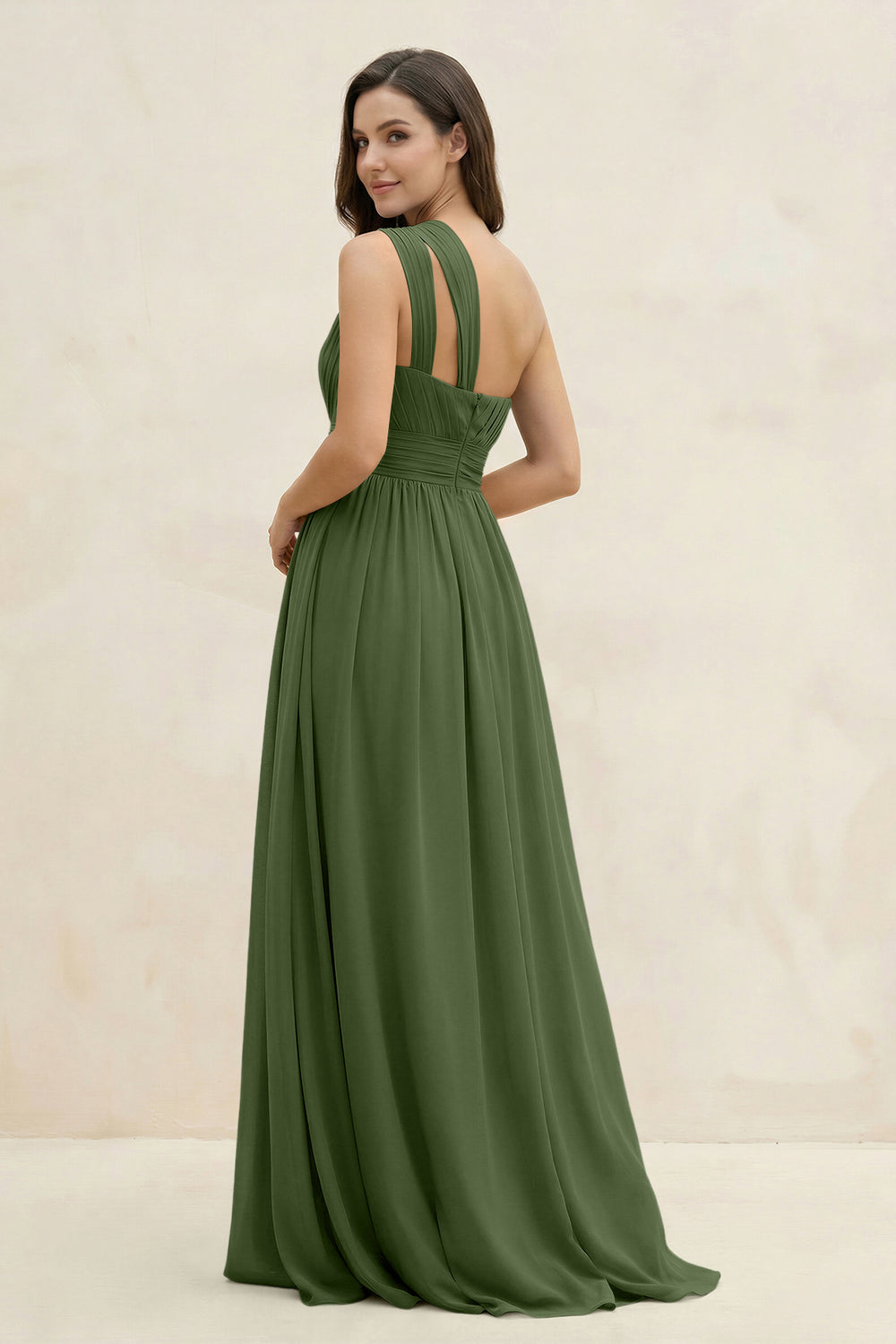 One-Shoulder Pleated A-Line Chiffon Bridesmaid Dress in Moss
