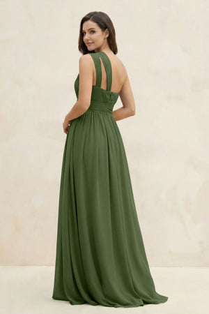 One-Shoulder Pleated A-Line Chiffon Bridesmaid Dress in Moss (2) | KISSBRIDAL