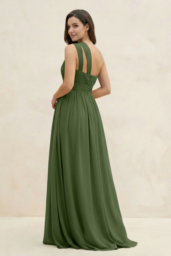 One-Shoulder Pleated A-Line Chiffon Bridesmaid Dress in Moss (2) | KISSBRIDAL