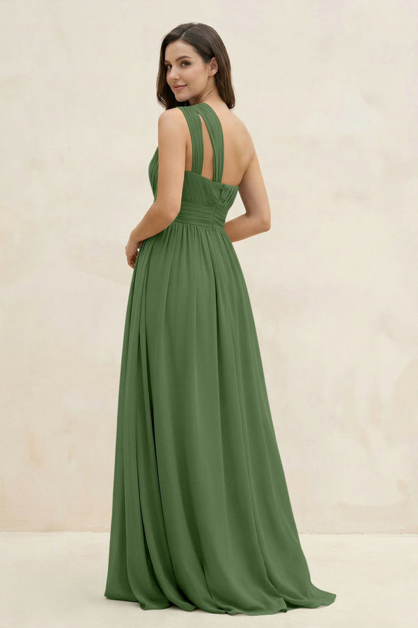 One - Shoulder Pleated A - Line Chiffon Bridesmaid Dress in Moss - SHE IS ME Bridesmaid Dresses
