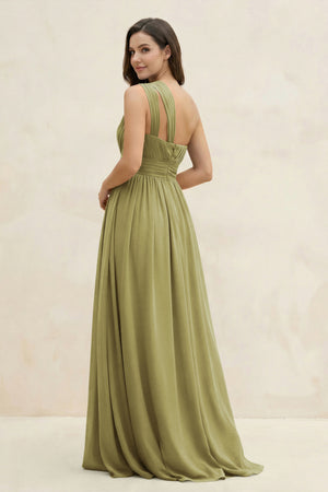 One-Shoulder Pleated A-Line Chiffon Bridesmaid Dress in Moss Green (2) | KISSBRIDAL