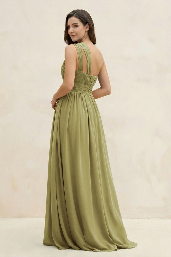 One-Shoulder Pleated A-Line Chiffon Bridesmaid Dress in Moss Green (2) | KISSBRIDAL
