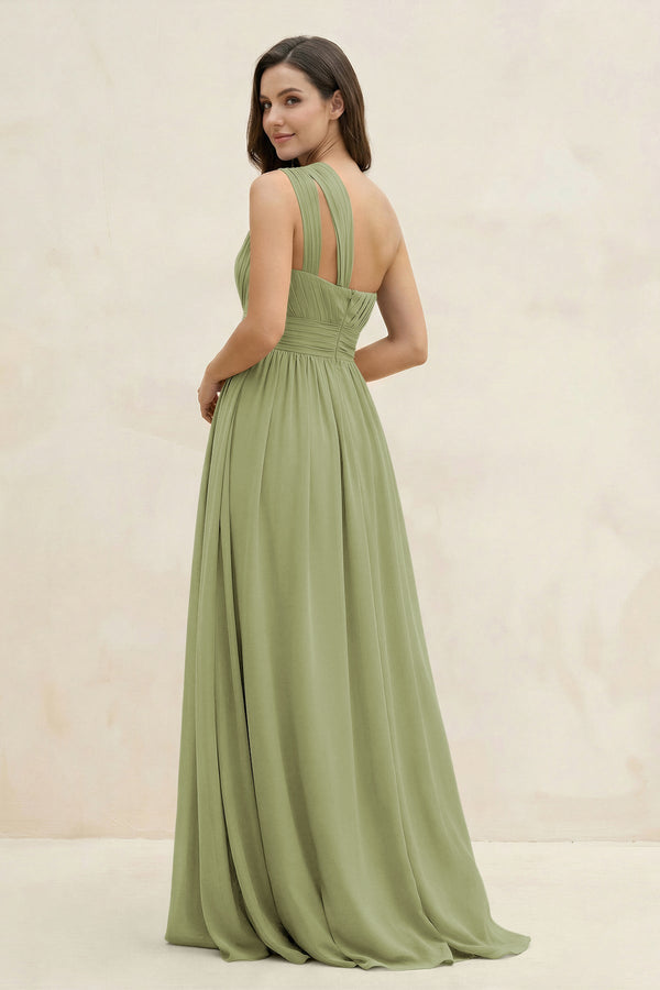One - Shoulder Pleated A - Line Chiffon Bridesmaid Dress in Moss Green - SHE IS ME Bridesmaid Dresses