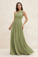 One - Shoulder Pleated A - Line Chiffon Bridesmaid Dress in Moss Green - SHE IS ME Bridesmaid Dresses