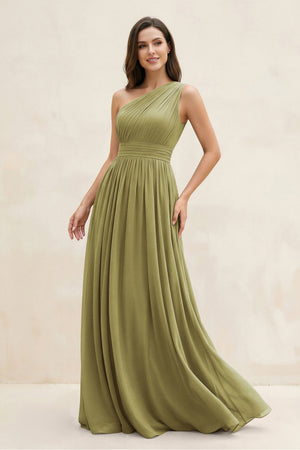 One-Shoulder Pleated A-Line Chiffon Bridesmaid Dress in Moss Green | KISSBRIDAL