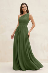 One-Shoulder Pleated A-Line Chiffon Bridesmaid Dress in Moss | KISSBRIDAL