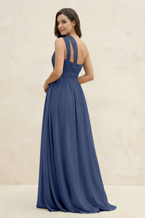 One - Shoulder Pleated A - Line Chiffon Bridesmaid Dress in Navy - SHE IS ME Bridesmaid Dresses