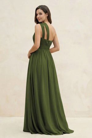 One - Shoulder Pleated A - Line Chiffon Bridesmaid Dress in Olive - SHE IS ME Bridesmaid Dresses