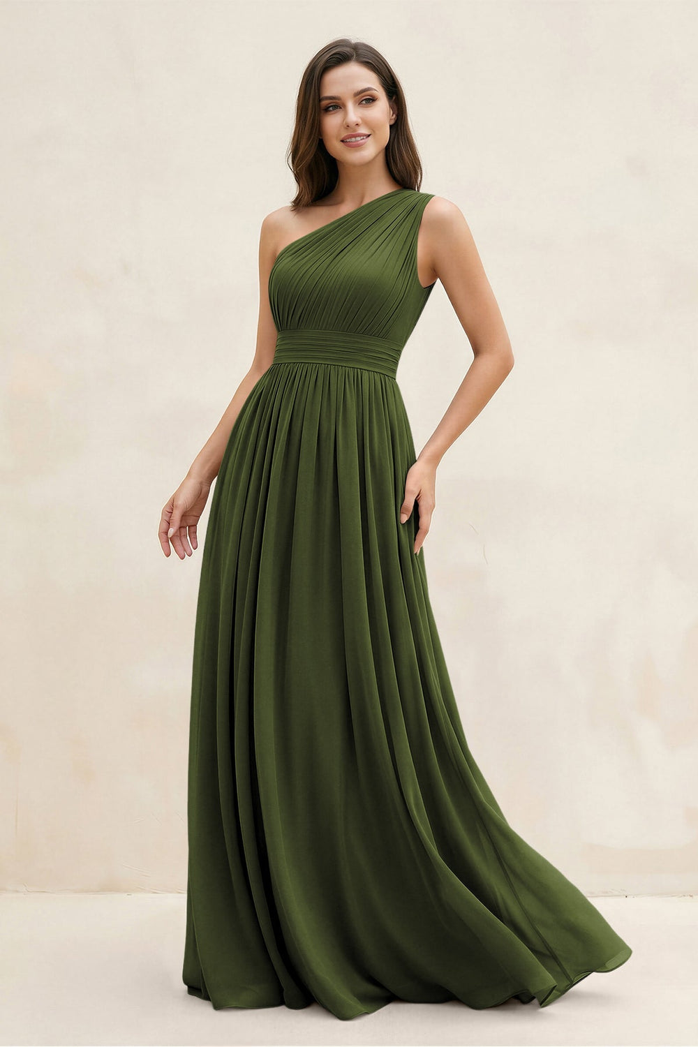One - Shoulder Pleated A - Line Chiffon Bridesmaid Dress in Olive - KISS BRIDAL Bridesmaid Dresses