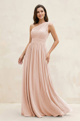 One - Shoulder Pleated A - Line Chiffon Bridesmaid Dress in Pale Blush - KISS BRIDAL Bridesmaid Dresses