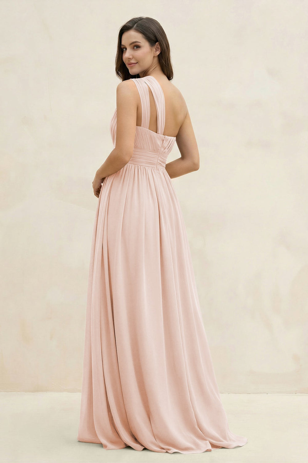 One - Shoulder Pleated A - Line Chiffon Bridesmaid Dress in Pale Blush - KISS BRIDAL Bridesmaid Dresses