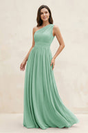 One - Shoulder Pleated A - Line Chiffon Bridesmaid Dress in Pale Pistachio - SHE IS ME Bridesmaid Dresses