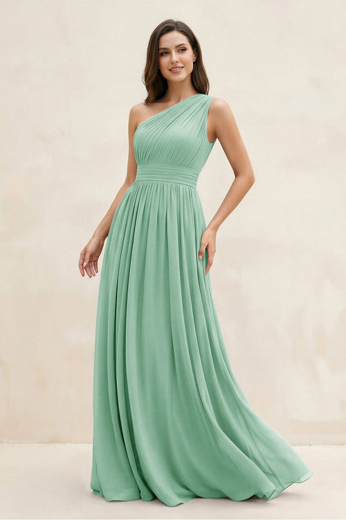 One - Shoulder Pleated A - Line Chiffon Bridesmaid Dress in Pale Pistachio - SHE IS ME Bridesmaid Dresses