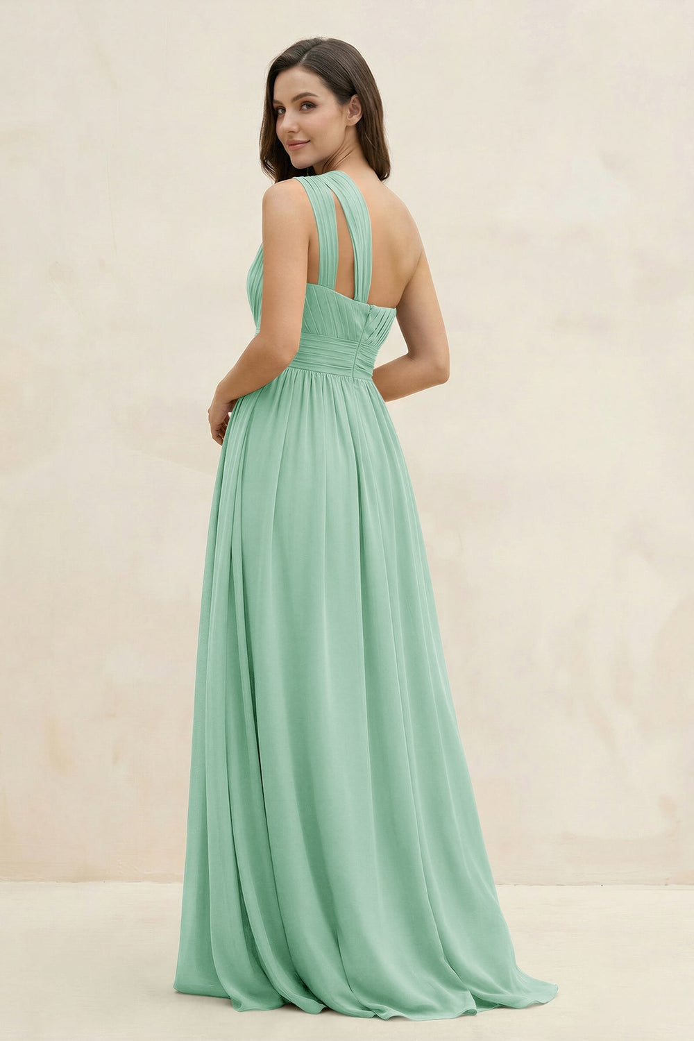 One - Shoulder Pleated A - Line Chiffon Bridesmaid Dress in Pale Pistachio - KISS BRIDAL Bridesmaid Dresses