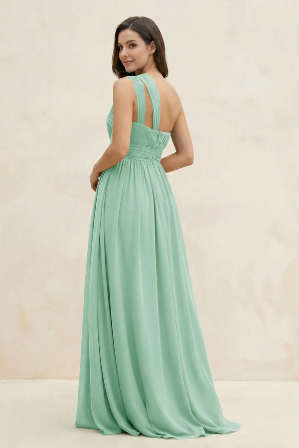One - Shoulder Pleated A - Line Chiffon Bridesmaid Dress in Pale Pistachio - SHE IS ME Bridesmaid Dresses