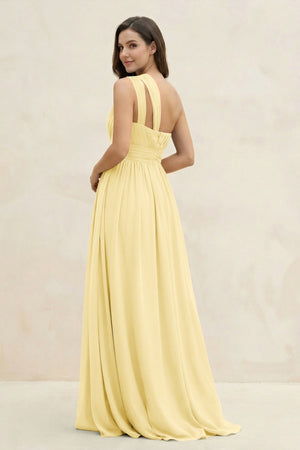 One - Shoulder Pleated A - Line Chiffon Bridesmaid Dress in Pastel Yellow - SHE IS ME Bridesmaid Dresses